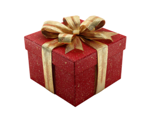 Elegant red Christmas gift box with gold ribbon bow isolated on transparent background