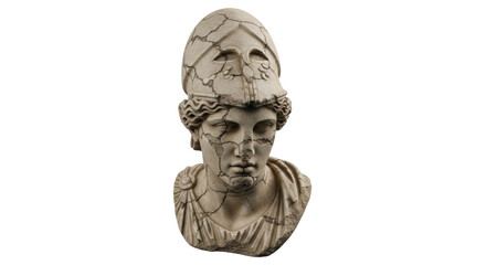 Cracked stone bust of Athena wearing helmet isolated PNG, ancient Greek goddess sculpture on transparent background