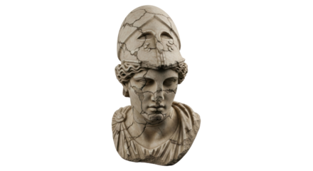 Cracked stone bust of Athena wearing helmet isolated PNG, ancient Greek goddess sculpture on transparent background