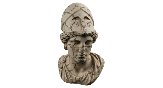 Cracked stone bust of Athena wearing helmet isolated PNG, ancient Greek goddess sculpture on transparent background