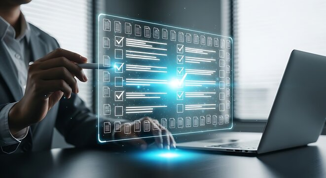 Businessman completing digital checklist on transparent screen in office, highlighting tasks and ensuring compliance with regulations, showcasing modern technology.