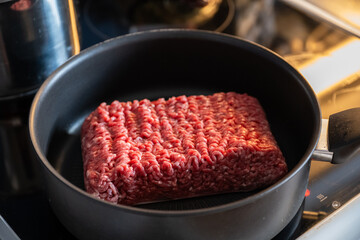 Raw Ground Meat Block in a Cooking Pot
