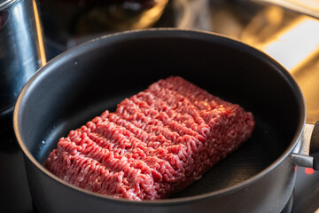 Raw Ground Meat Ready for Cooking in Pan
