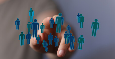 Hand touching digital icons representing people, symbolizing communication, teamwork, and community, technology