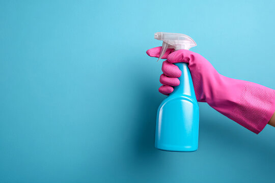 A vibrant image captures a hand holding a spray bottle against a light blue background. The hand is adorned with a pink rubber glove, conveying a sense of cleanliness and hygiene. This visually