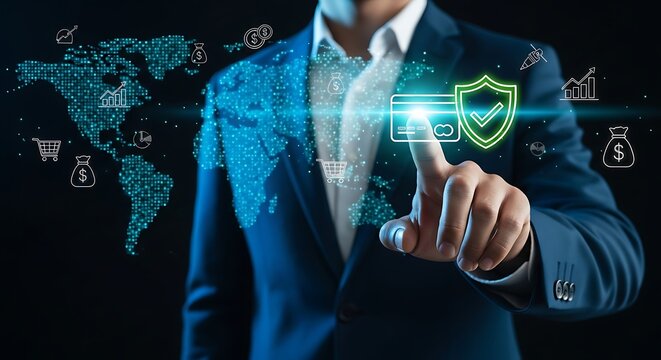 Businessman touches digital shield over world map, representing cybersecurity and global data protection in a modern, technological setting.