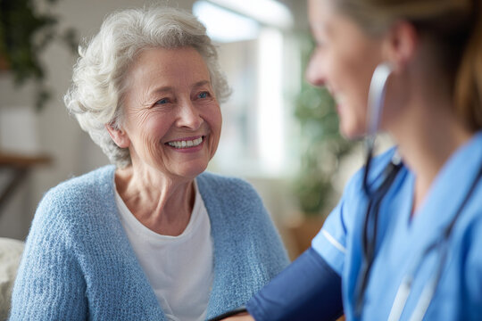 An engaging image captures a healthcare professional checking the blood pressure of an elderly woman. The scene is set in a bright, clinical environment, featuring soothing blue scrubs and a calm