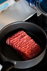 Uncooked Ground Beef Block in Pan for Dinner