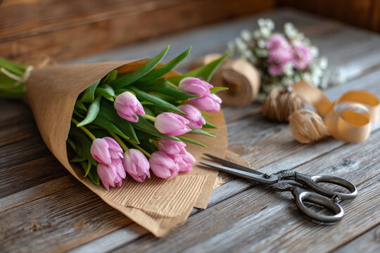 Beautifully arranged bouquet of pink tulips wrapped in kraft paper takes center stage in this image. Surrounding the flowers are elegant ribbons and a pair of scissors, hinting at a crafting moment.