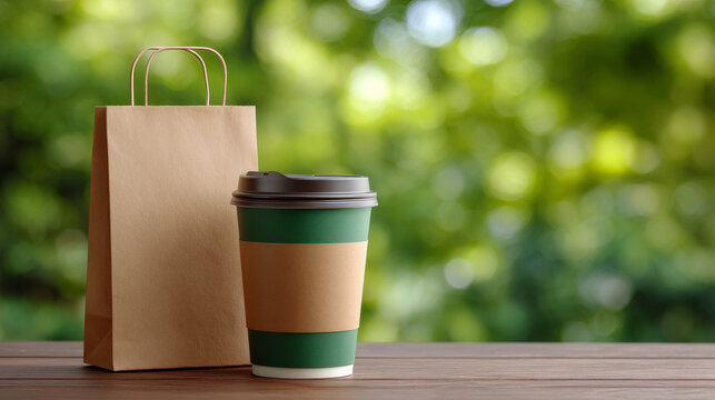 brown paper bag and single use coffee to go paper cup mockup concept with blured green background