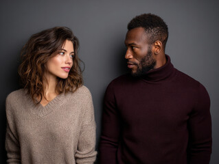 Fototapeta premium Capturing a stylish couple, this image features a woman with flowing hair and a beige sweater, alongside a man in a deep burgundy turtleneck. Against a minimalist gray backdrop, the scene exudes a
