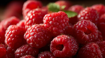 Close-up of fresh ripe raspberries illuminated by soft side lighting, enhancing depth, texture, and vibrant red color.