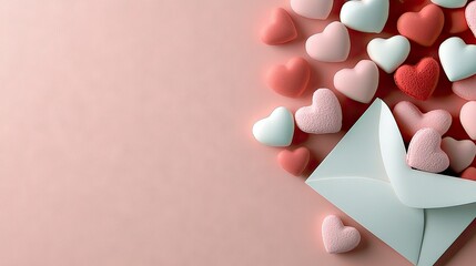 A white envelope is overflowing with small, pastel-colored heart shapes. The hearts are a mix of pink, white, and red, with some having a textured surface. The