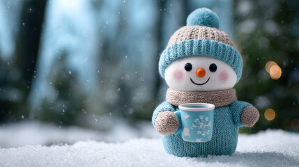 Cute snowman toy with mug in winter scene. Cozy knitted plush character on snowy background. Christmas gift idea for kid. Festive animation concept.