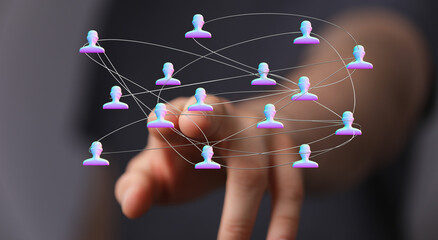 Concept of digital networking and people connection. Showing a hand interacting with a network of icons representing people and their relationsh