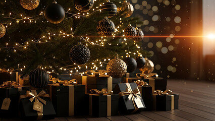 An elegant Christmas tree adorned with black and gold baubles and warm lights, with a pile of stylish gifts below