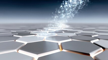 A futuristic, abstract scene featuring a tessellated surface of hexagonal shapes, with glowing particles ascending into a hazy, dark blue background.