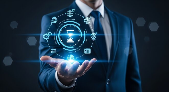 Businessman presents digital hourglass surrounded by technology symbols, representing time management and efficiency in modern business, conveying innovation and progress. - Powered by Adobe