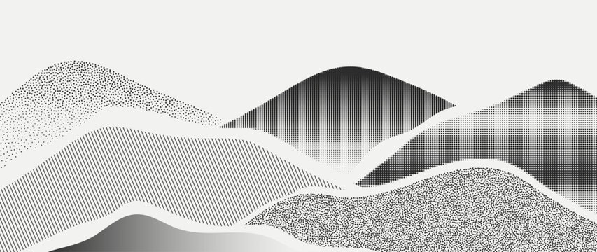 Minimal halftone mountain vector background with black and white dotted landscape waves — modern abstract design for creative artwork, posters and decorative scenes - Powered by Adobe