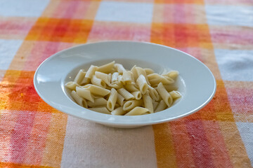 Simple Cooked Penne Pasta on Checkered Tablecloth