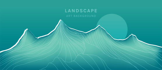 Obraz premium Minimal mountain landscape vector background with teal contour peaks and flowing terrain design