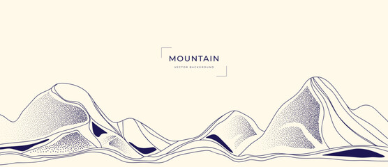 Naklejka premium Mountain landscape vector line illustration with black contour peaks and flowing terrain shapes — adventure nature design for hiking, outdoor travel and exploration