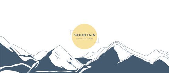Naklejka premium Minimal mountain landscape vector illustration with navy blue terrain shapes and yellow sun circle — clean nature design for travel, adventure artwork and outdoor backgrounds