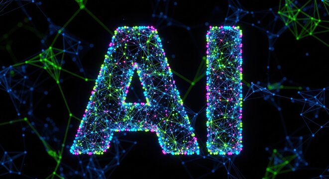 AI Neural Matrix. Glowing node network forming futuristic tech letters.