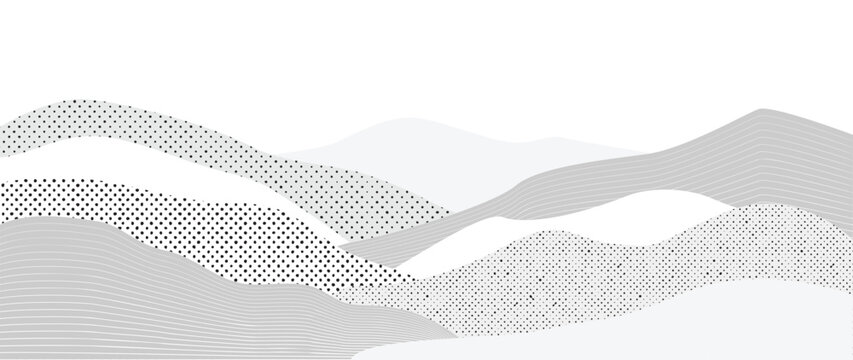 Minimal halftone mountain vector background with black and white dotted landscape waves &mdash; modern abstract design for creative artwork, posters and decorative scenes
