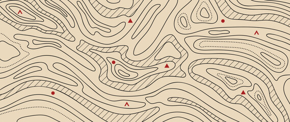 Naklejka premium Topographic contour line vector background with beige terrain shapes and navigation markers — adventure outdoor map design for hiking, exploration and travel
