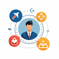 Professional Man Linked in a Network of Communication, Navigation, and Profile Icons, Showcasing a Workflow