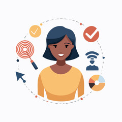 Modern Vector Illustration of a Happy Woman with Icons Representing Goals, Success, and Digital Connectivity
