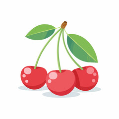 Vibrant Red Cherries Vector Illustration with Fresh Green Leaves and Delicate Stems on a Clean White Background