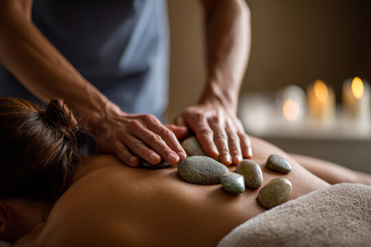 Relaxation and wellness take center stage in this tranquil image featuring a massage therapist applying hot stones on a client's back. The warm, earthy tones of the stones contrast with the client's