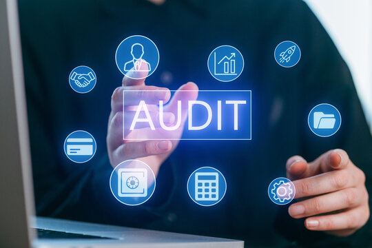 Digital representation of audit process with icons and user interacting with technology in modern workspace