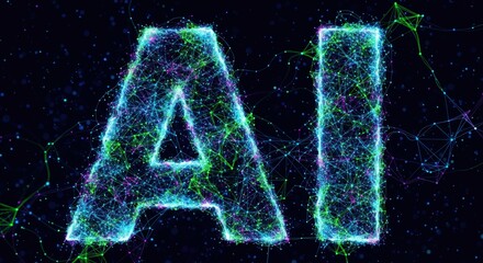 AI Neural Matrix. Glowing node network forming futuristic tech letters.
