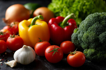 Vibrant image showcasing an array of fresh vegetables, including bell peppers, tomatoes, broccoli, and garlic, arranged beautifully on a dark surface. The rich colors and textures create an inviting