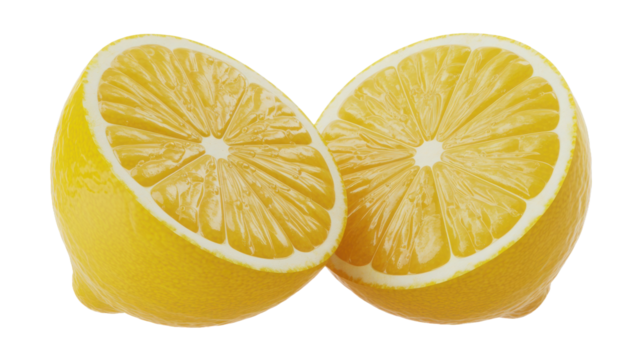 Two halves of a fresh yellow lemon cut open isolated on transparent background