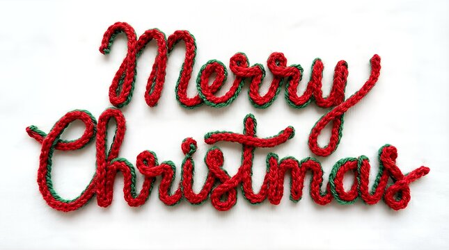Handcrafted 'Merry Christmas' message in festive red and green yarn, evoking cozy warmth and holiday spirit, perfect for seasonal greetings