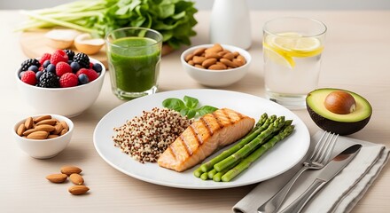 A balanced meal featuring grilled salmon, quinoa, asparagus, and avocado, accompanied by berries, almonds, a green smoothie, and lemon water, arranged on a table.