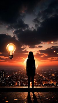 Girl silhouettes against vibrant sunset skyline. Light bulb symbolizes creativity and inspiration. Urban atmosphere evokes possibilities in vertical perspective.