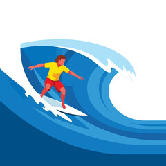 Fototapeta premium A flat vector illustration of a surfer riding a large blue ocean wave.