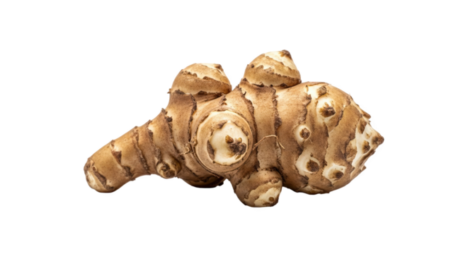 Single Jerusalem artichoke with knobby, irregular shape, light brown skin, and visible white flesh—textured root vegetable, nutritious and rich in inulin