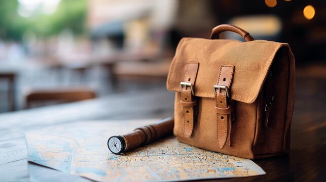 A vintage-style brown leather satchel bag rests on a map with a compass. The scene is set outdoors on a wooden table, with a blurred background of greenery and - Powered by Adobe