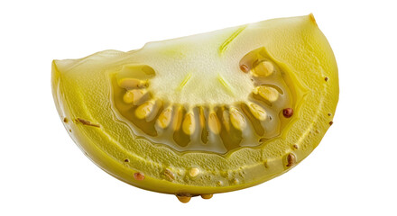 Green tomato slice showing seeds, gel-like pulp, and glossy flesh—fresh, moist, and ideal for botanical or culinary reference