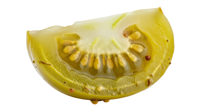 Green tomato slice showing seeds, gel-like pulp, and glossy flesh—fresh, moist, and ideal for botanical or culinary reference