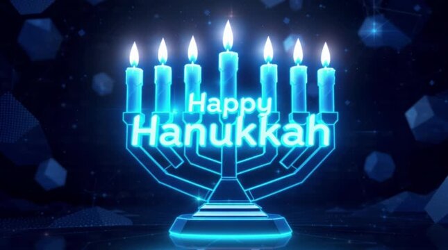 Glowing blue Hanukkah menorah with 'Happy Hanukkah' text on a dark background with floating blue shapes