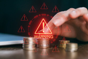Alert about financial caution with coins and warnings during a money management session
