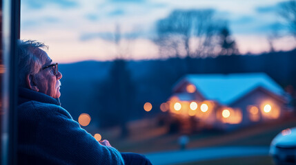 Elderly man with glasses gazing pensively out window at tranquil dusk landscape with blurred homes and warm glowing lights
