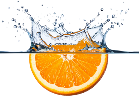 Floating Orange Wedges with Water Droplets, Scattered and Rotated, Isolated PNG